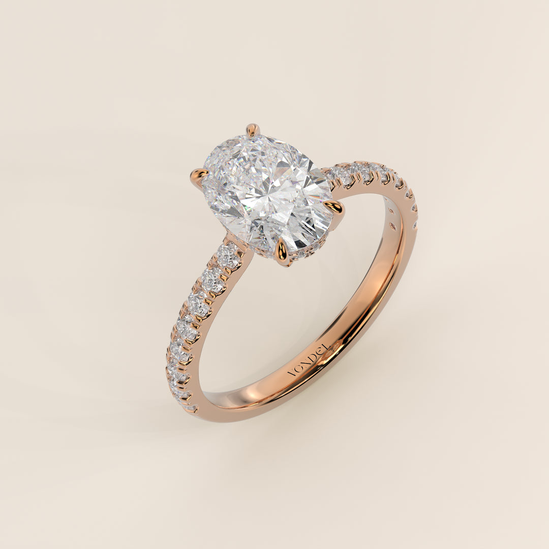 Kiya - Oval Lab Grown Diamond Ring with Hidden Halo, Pave Band and Open Bridge Setting