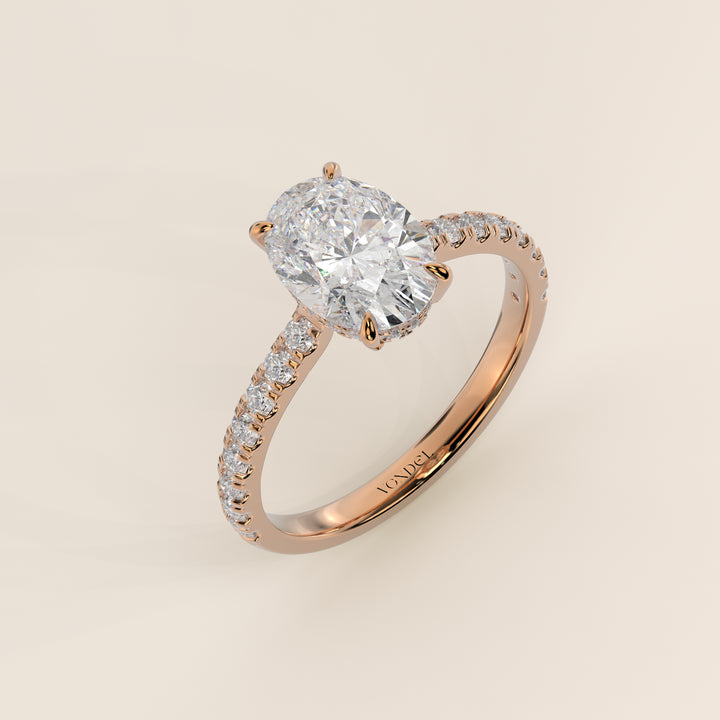 Kiya - Oval Lab Grown Diamond Ring with Hidden Halo, Pave Band and Open Bridge Setting