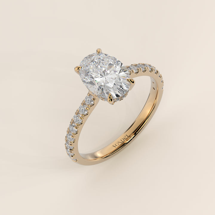 Kiya - Oval Lab Grown Diamond Ring with Hidden Halo, Pave Band and Open Bridge Setting