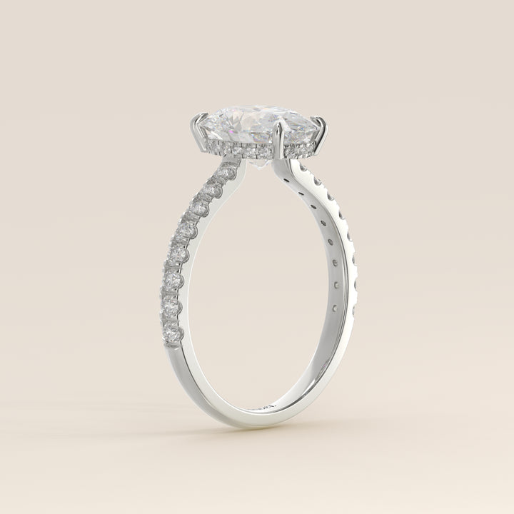 Kiya - Oval Lab Grown Diamond Ring with Hidden Halo, Pave Band and Open Bridge Setting
