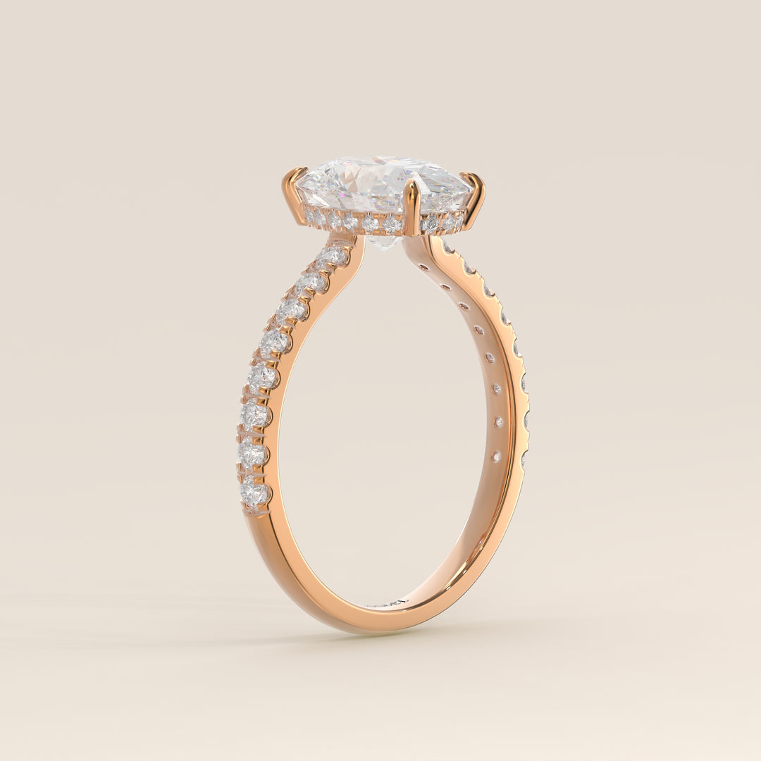 Kiya - Oval Lab Grown Diamond Ring with Hidden Halo, Pave Band and Open Bridge Setting