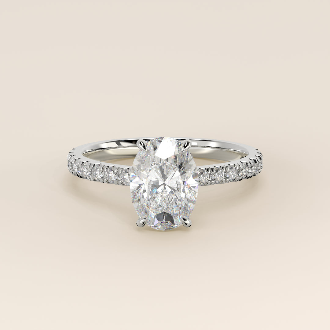 Kiya - Oval Lab Grown Diamond Ring with Hidden Halo, Pave Band and Open Bridge Setting