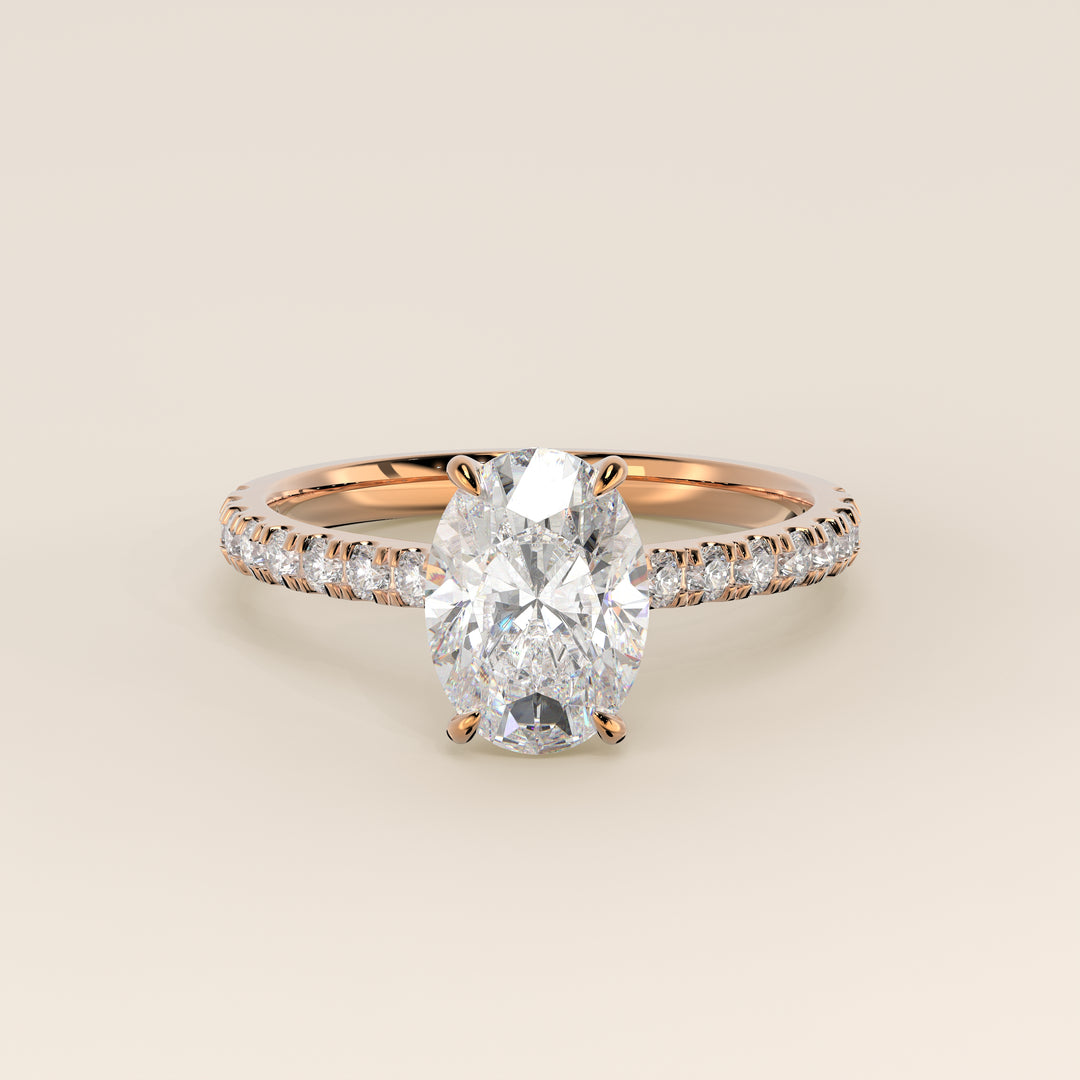 Kiya - Oval Lab Grown Diamond Ring with Hidden Halo, Pave Band and Open Bridge Setting