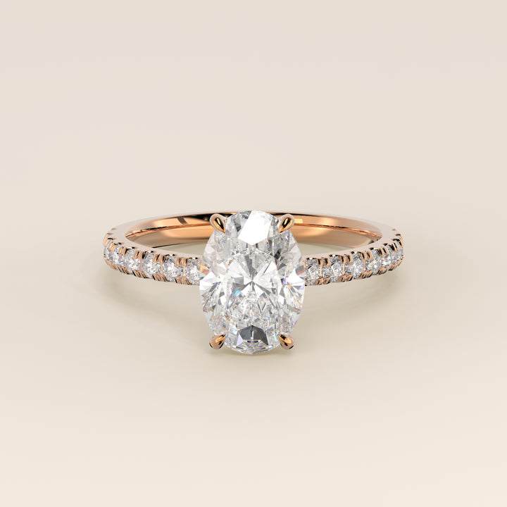 Kiya - Oval Lab Grown Diamond Ring with Hidden Halo, Pave Band and Open Bridge Setting