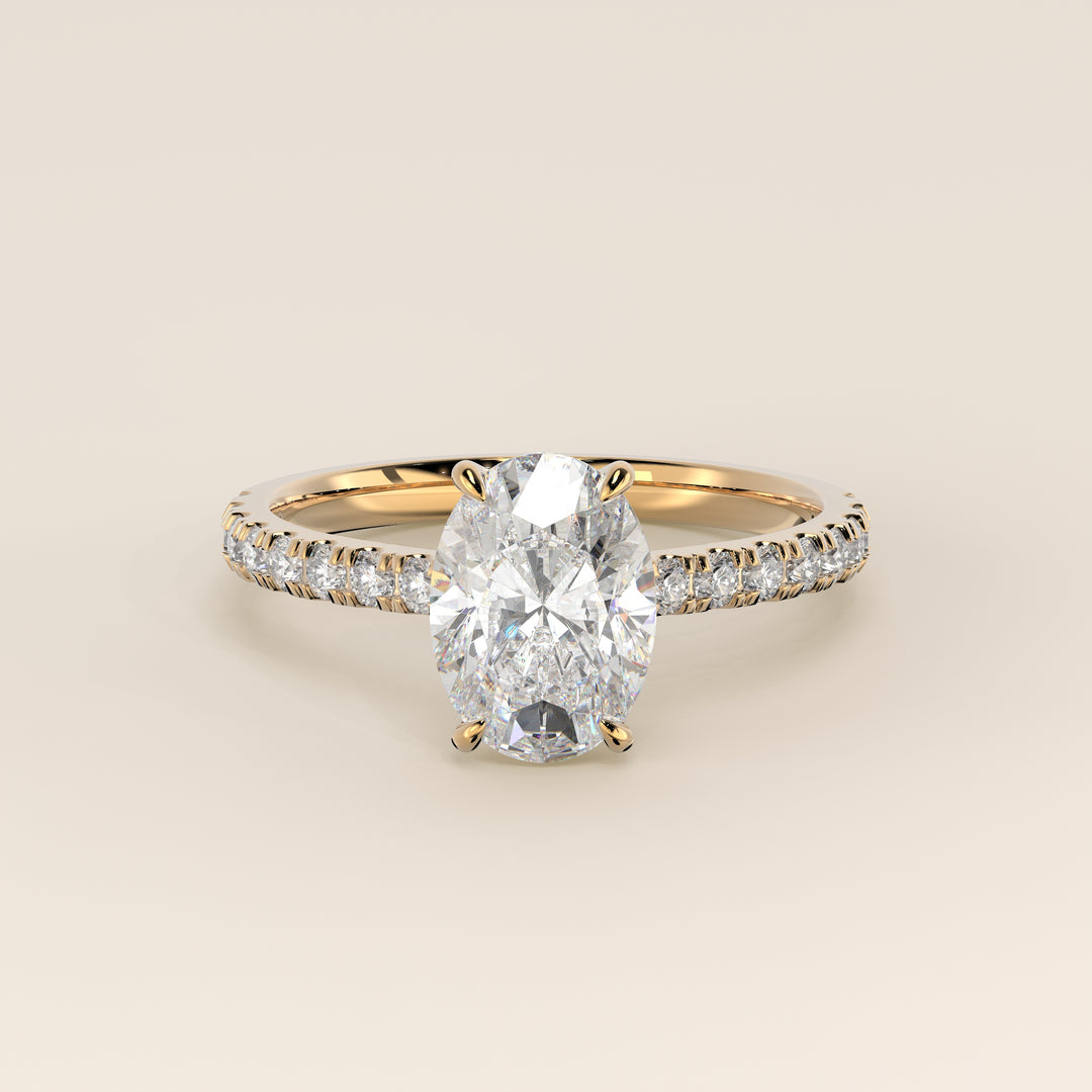 Kiya - Oval Lab Grown Diamond Ring with Hidden Halo, Pave Band and Open Bridge Setting