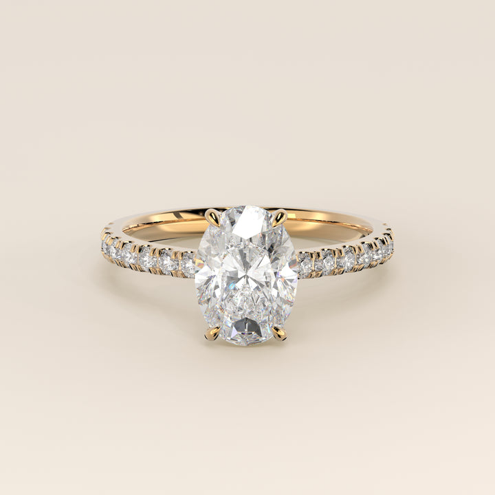 Kiya - Oval Lab Grown Diamond Ring with Hidden Halo, Pave Band and Open Bridge Setting