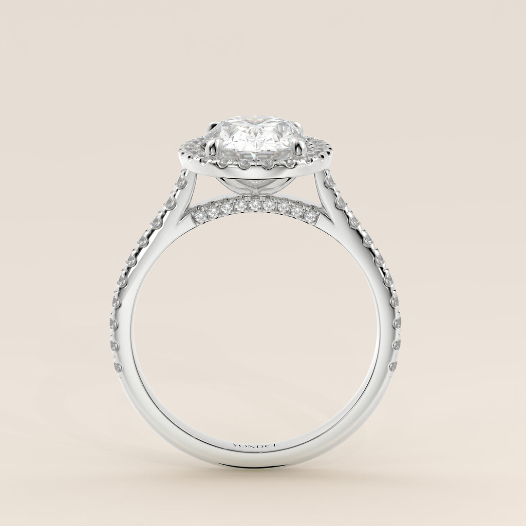 Romy - Oval Halo Lab Grown Diamond Ring with Pave Band and Diamond Bridge