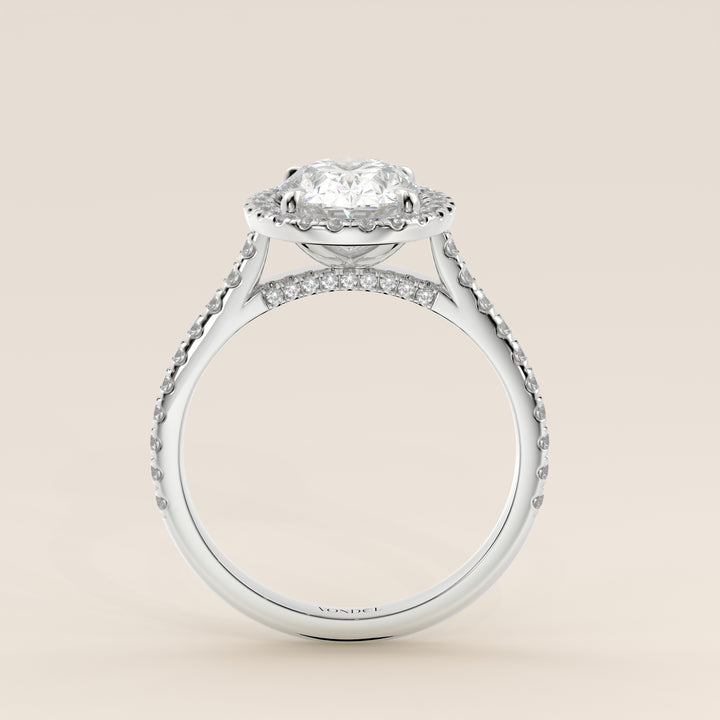 Romy - Oval Halo Lab Grown Diamond Ring with Pave Band and Diamond Bridge