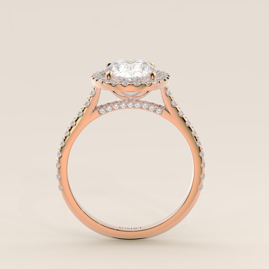 Romy - Oval Halo Lab Grown Diamond Ring with Pave Band and Diamond Bridge