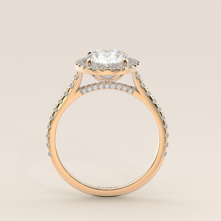 Romy - Oval Halo Lab Grown Diamond Ring with Pave Band and Diamond Bridge