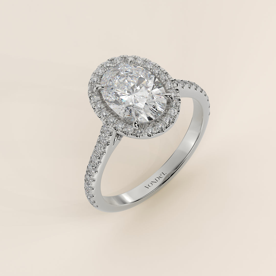 Romy - Oval Halo Lab Grown Diamond Ring with Pave Band and Diamond Bridge