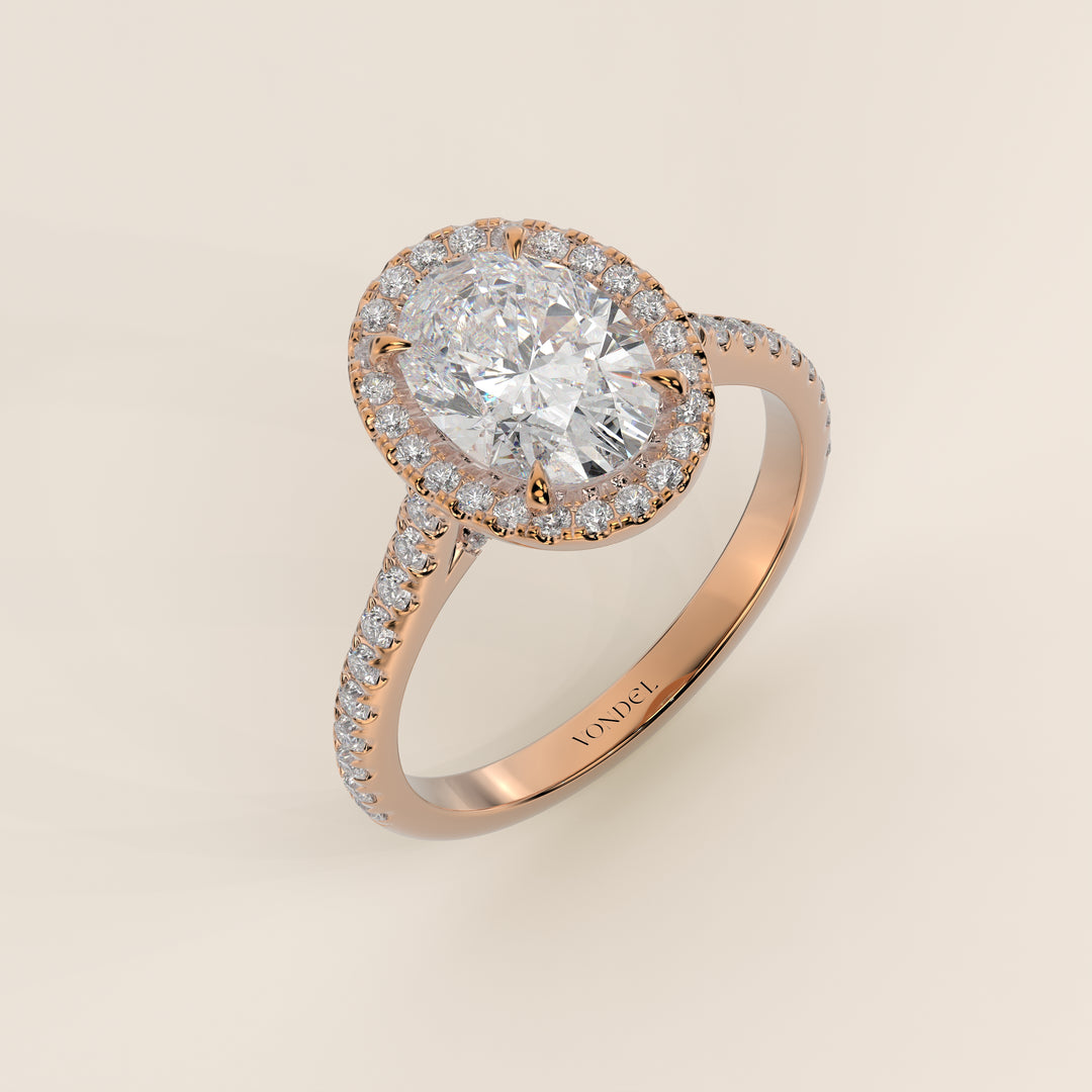 Romy - Oval Halo Lab Grown Diamond Ring with Pave Band and Diamond Bridge