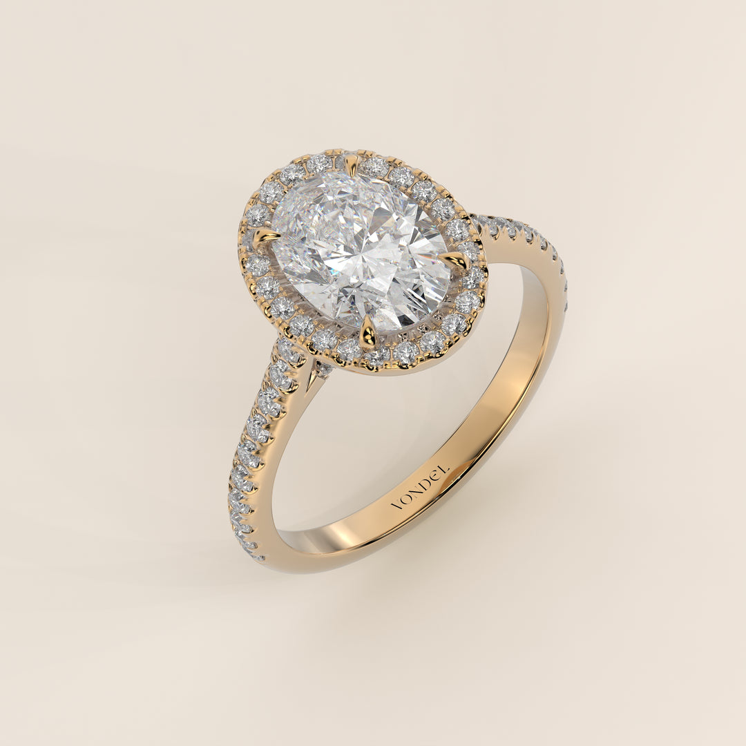 Romy - Oval Halo Lab Grown Diamond Ring with Pave Band and Diamond Bridge