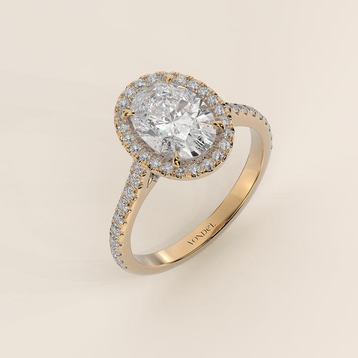 Romy - Oval Halo Lab Grown Diamond Ring with Pave Band and Diamond Bridge