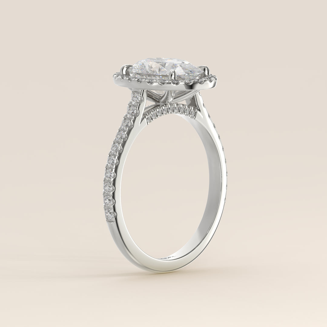 Romy - Oval Halo Lab Grown Diamond Ring with Pave Band and Diamond Bridge