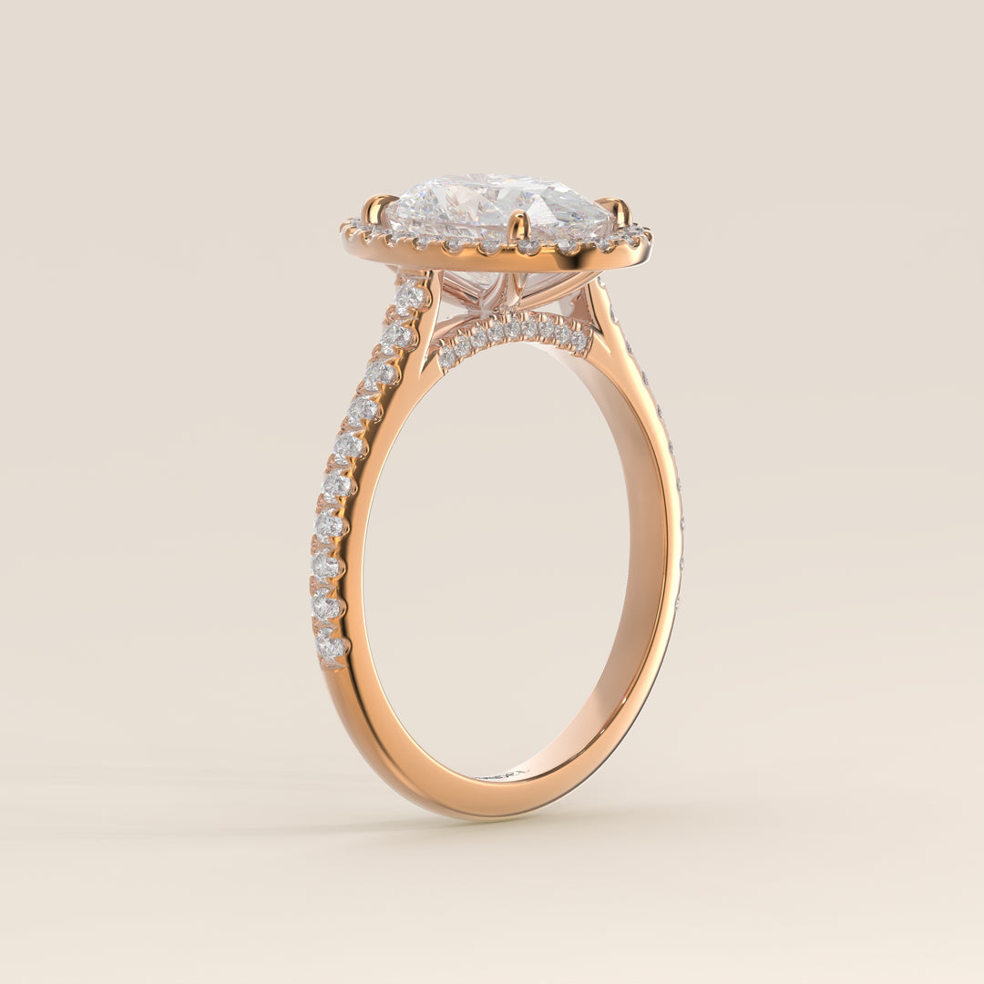 Romy - Oval Halo Lab Grown Diamond Ring with Pave Band and Diamond Bridge
