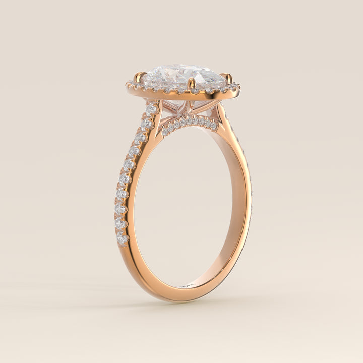 Romy - Oval Halo Lab Grown Diamond Ring with Pave Band and Diamond Bridge