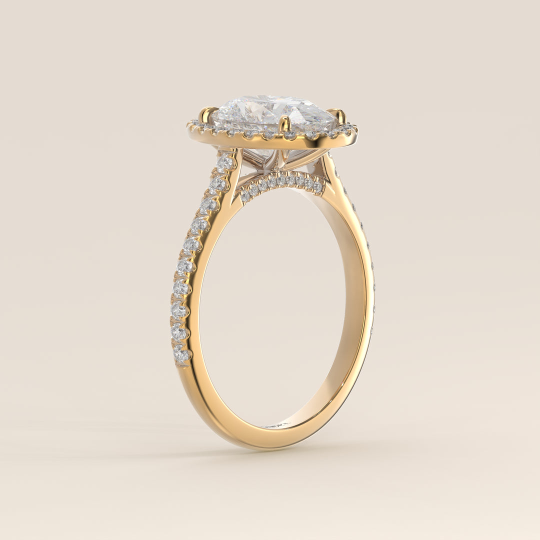 Romy - Oval Halo Lab Grown Diamond Ring with Pave Band and Diamond Bridge