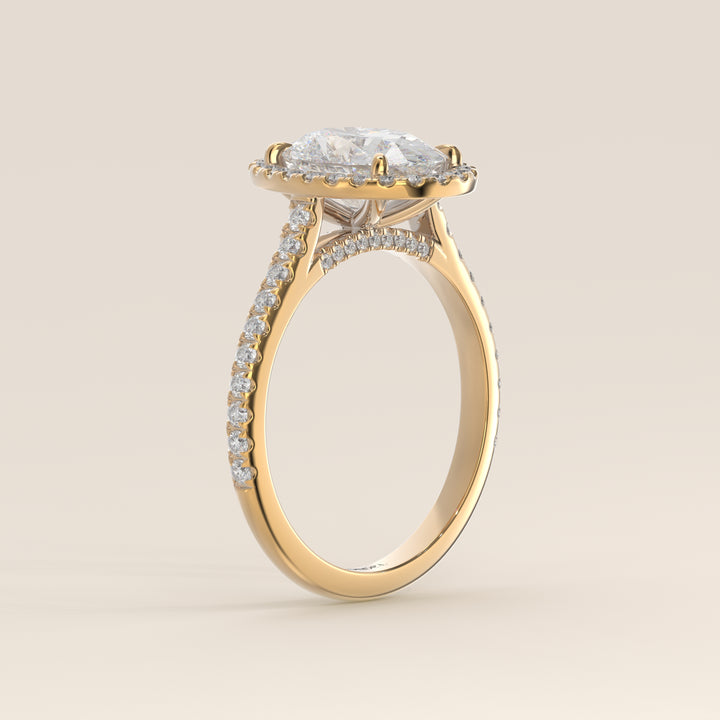 Romy - Oval Halo Lab Grown Diamond Ring with Pave Band and Diamond Bridge