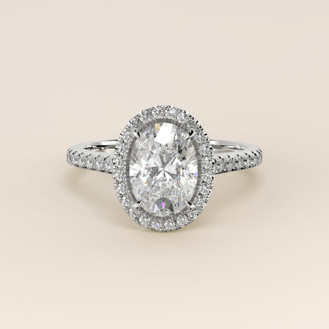 Romy - Oval Halo Lab Grown Diamond Ring with Pave Band and Diamond Bridge