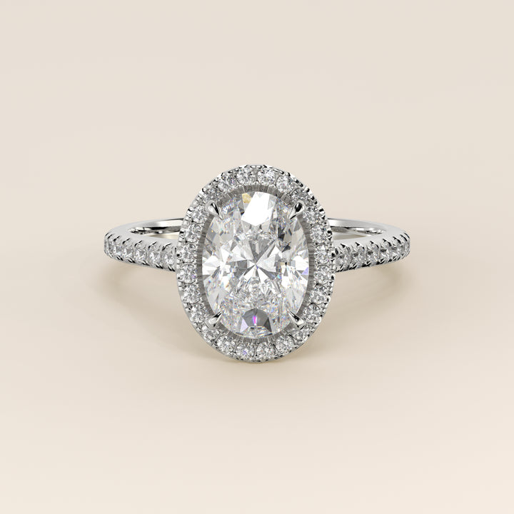 Romy - Oval Halo Lab Grown Diamond Ring with Pave Band and Diamond Bridge