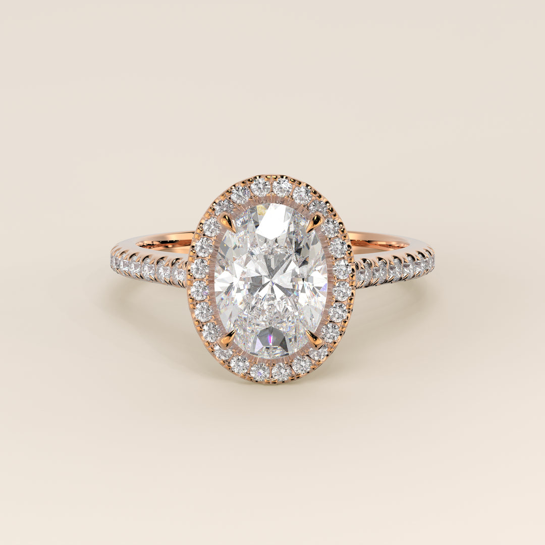 Romy - Oval Halo Lab Grown Diamond Ring with Pave Band and Diamond Bridge
