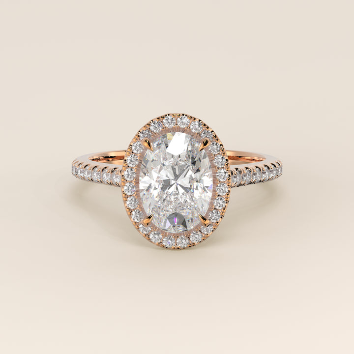 Romy - Oval Halo Lab Grown Diamond Ring with Pave Band and Diamond Bridge