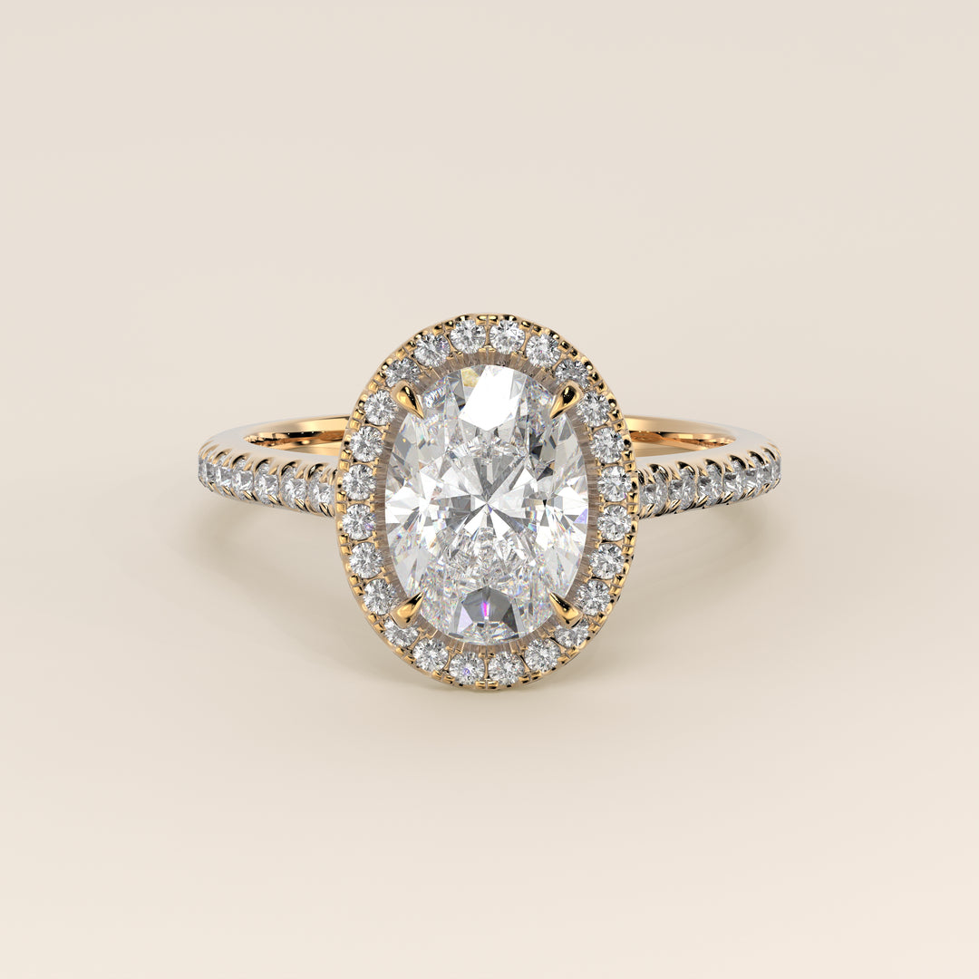 Romy - Oval Halo Lab Grown Diamond Ring with Pave Band and Diamond Bridge