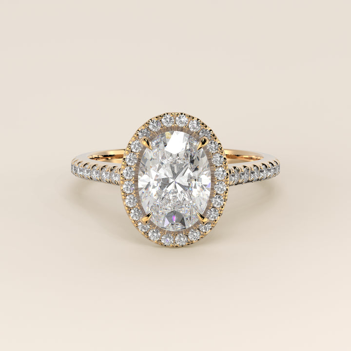 Romy - Oval Halo Lab Grown Diamond Ring with Pave Band and Diamond Bridge