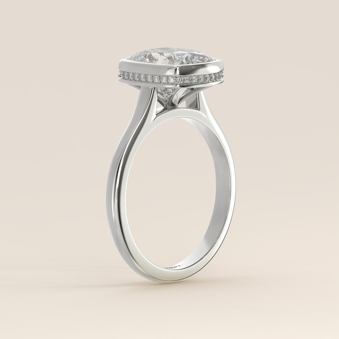 Zaar - Elongated Cushion Lab Grown Diamond Ring Solitair with Bezel Setting, Cathedral Setting and Hidden Halo