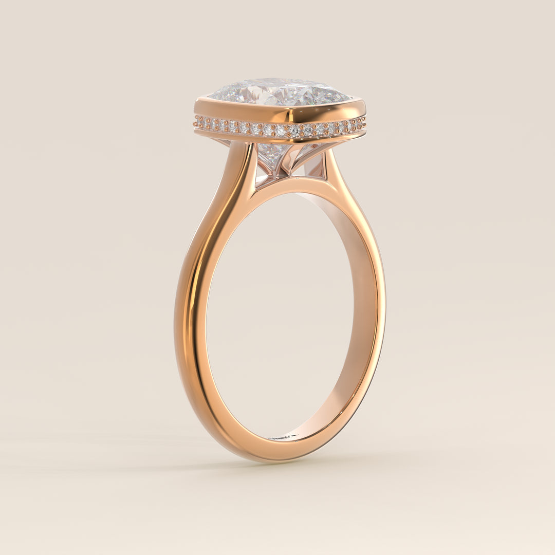 Zaar - Elongated Cushion Lab Grown Diamond Ring Solitair with Bezel Setting, Cathedral Setting and Hidden Halo