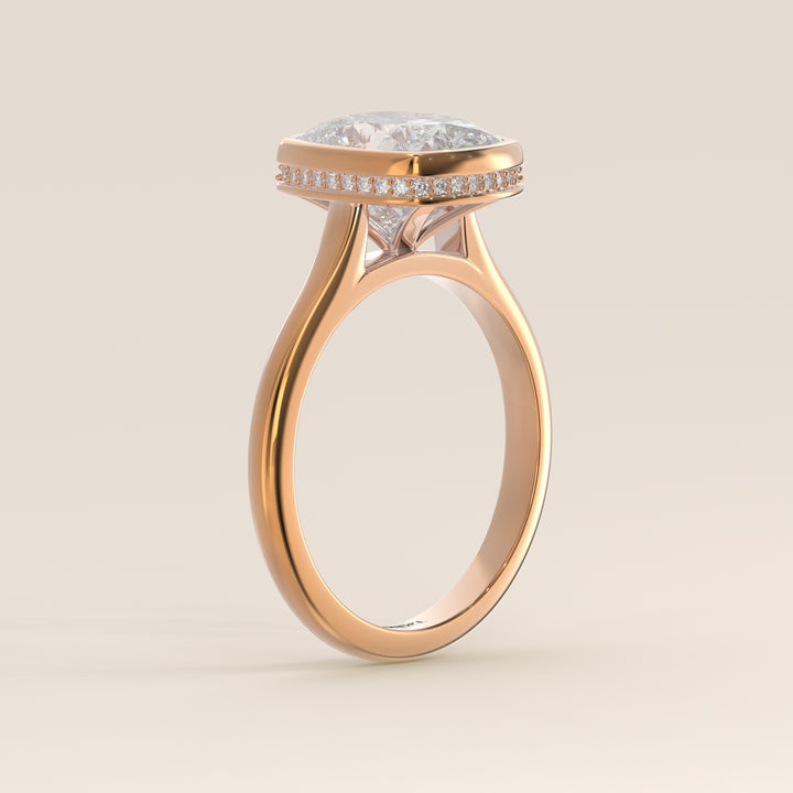 Zaar - Elongated Cushion Lab Grown Diamond Ring Solitair with Bezel Setting, Cathedral Setting and Hidden Halo