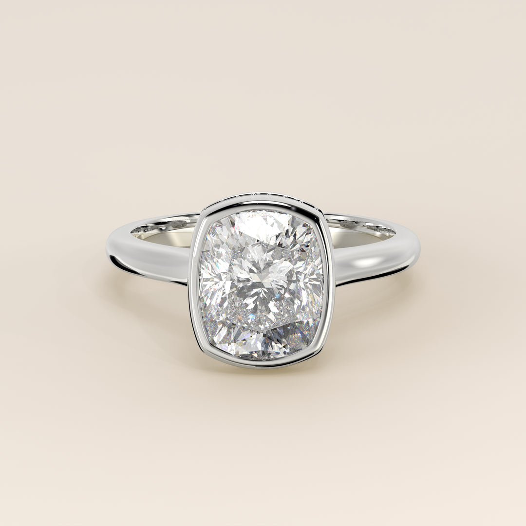 Zaar - Elongated Cushion Lab Grown Diamond Ring Solitair with Bezel Setting, Cathedral Setting and Hidden Halo