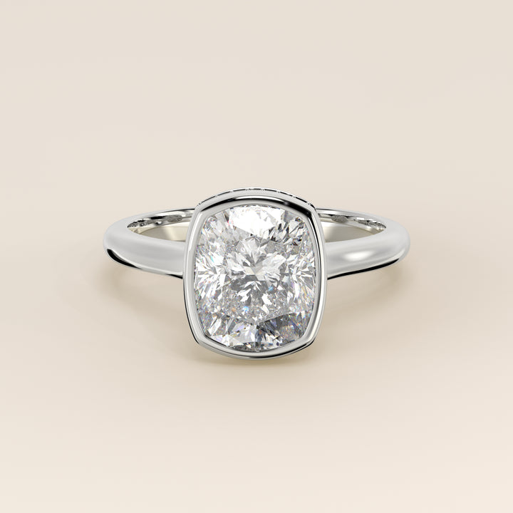 Zaar - Elongated Cushion Lab Grown Diamond Ring Solitair with Bezel Setting, Cathedral Setting and Hidden Halo