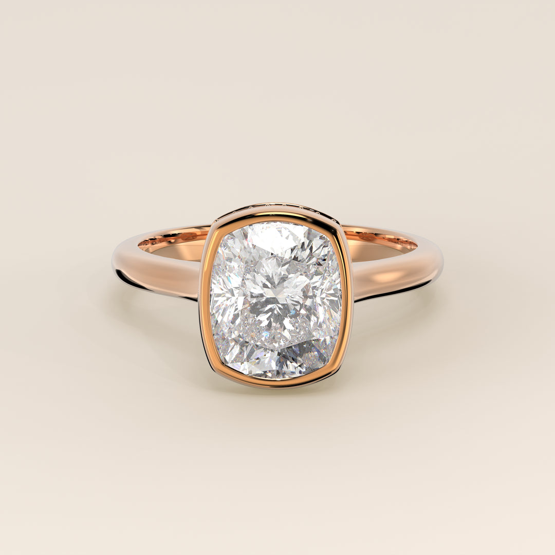 Zaar - Elongated Cushion Lab Grown Diamond Ring Solitair with Bezel Setting, Cathedral Setting and Hidden Halo