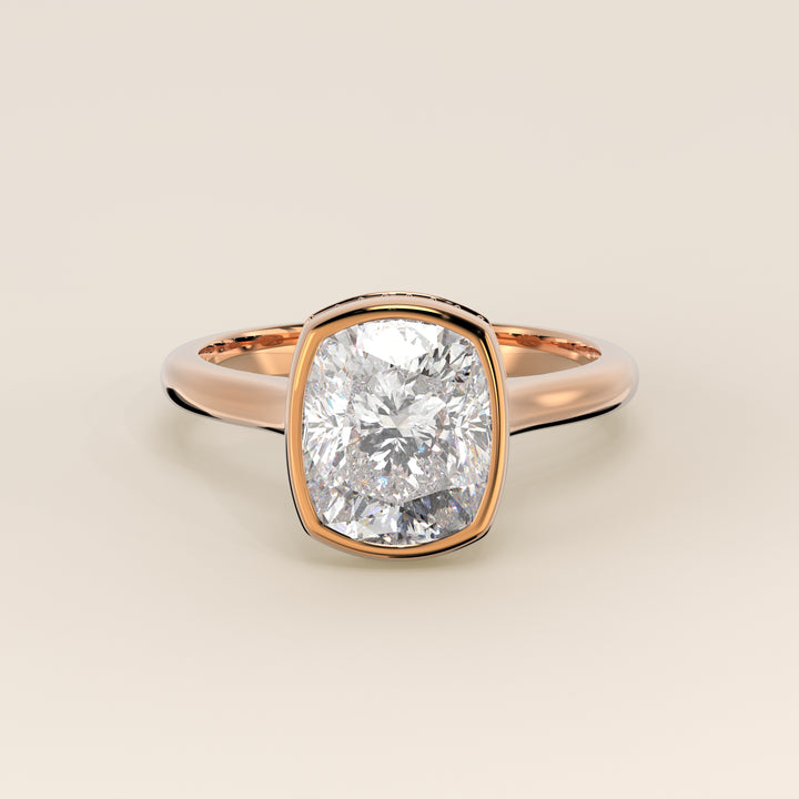 Zaar - Elongated Cushion Lab Grown Diamond Ring Solitair with Bezel Setting, Cathedral Setting and Hidden Halo