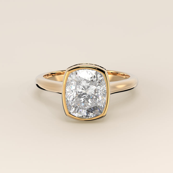 Zaar - Elongated Cushion Lab Grown Diamond Ring Solitair with Bezel Setting, Cathedral Setting and Hidden Halo