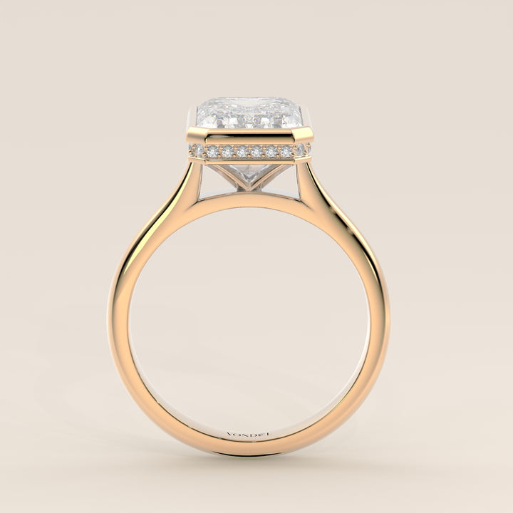 Zaar - Emerald Lab Grown Diamond Ring Solitair with Bezel Setting, Cathedral Setting and Hidden Halo