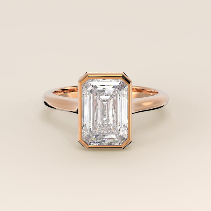 Zaar - Emerald Lab Grown Diamond Ring Solitair with Bezel Setting, Cathedral Setting and Hidden Halo