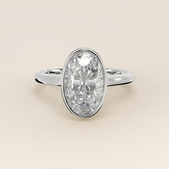 Zaar - Oval Lab Grown Diamond Ring Solitair with Bezel Setting, Cathedral Setting and Hidden Halo