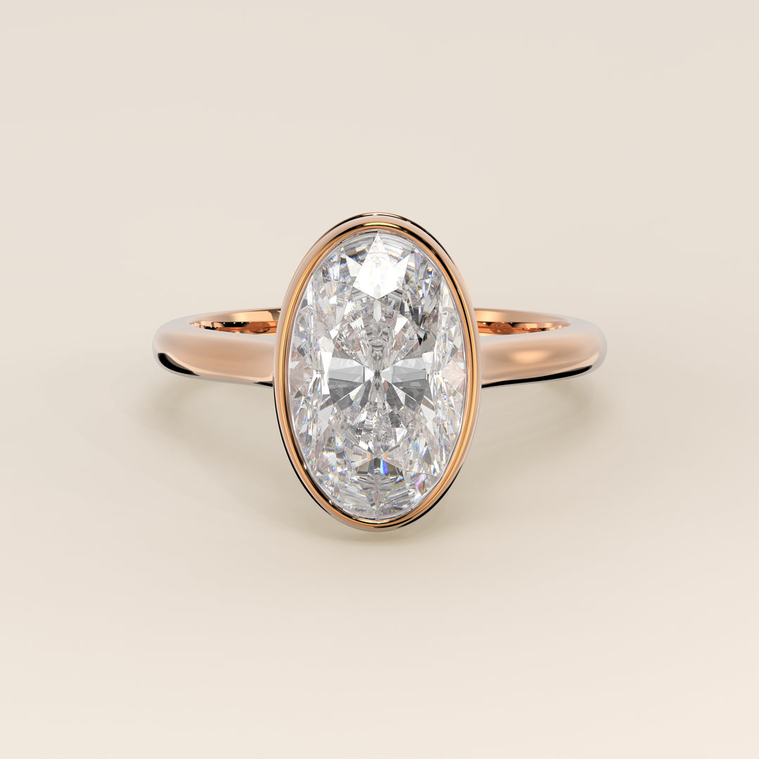 Zaar - Oval Lab Grown Diamond Ring Solitair with Bezel Setting, Cathedral Setting and Hidden Halo