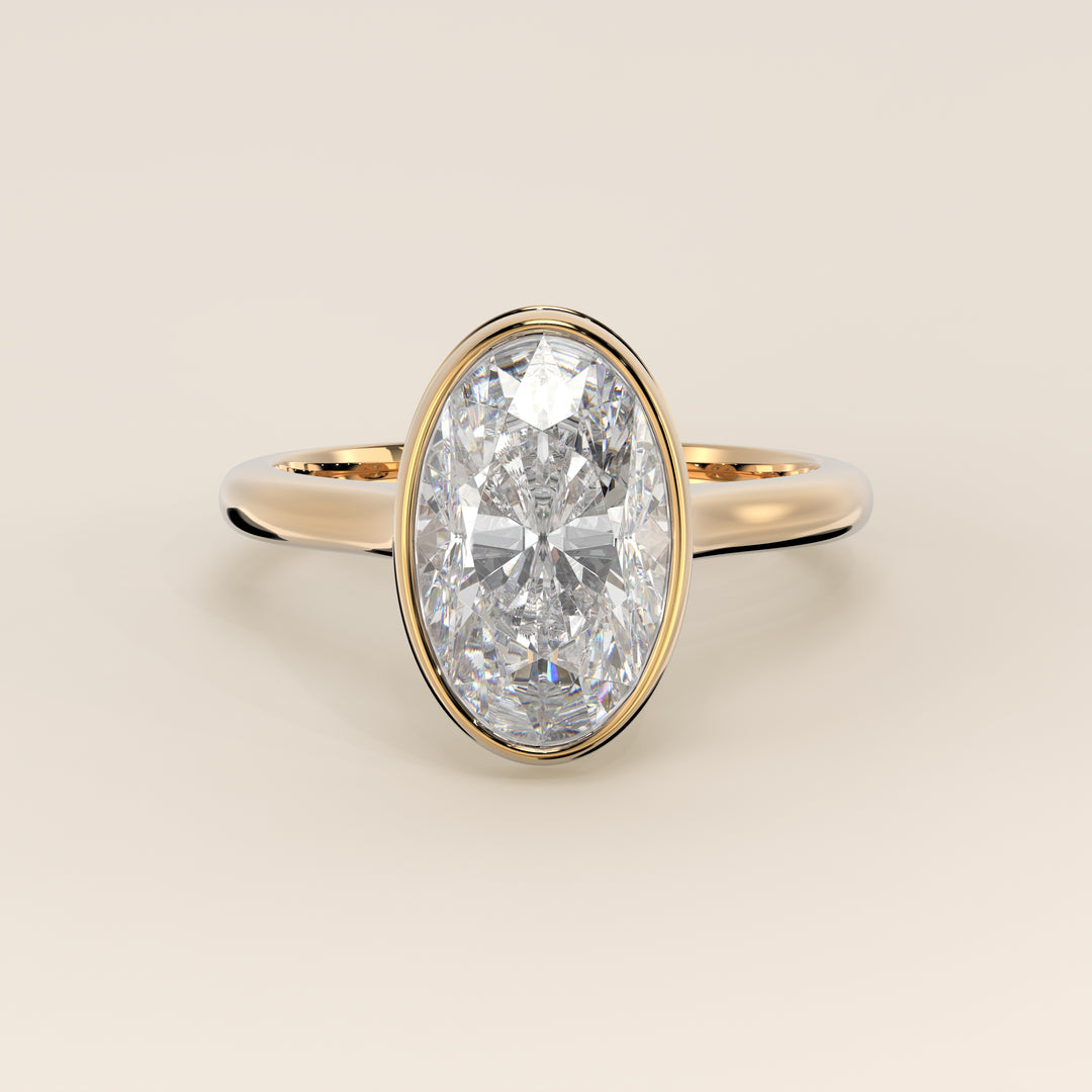 Zaar - Oval Lab Grown Diamond Ring Solitair with Bezel Setting, Cathedral Setting and Hidden Halo