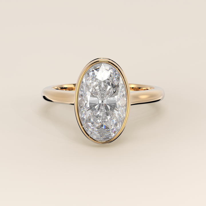 Zaar - Oval Lab Grown Diamond Ring Solitair with Bezel Setting, Cathedral Setting and Hidden Halo