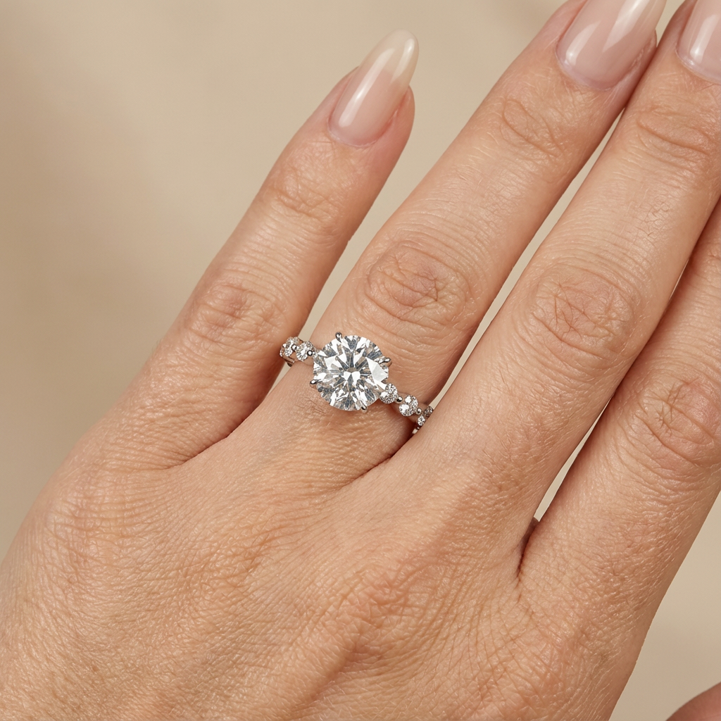 Kelly - Round Solitair Lab Grown Diamond Ring with Round Dot Diamond Band