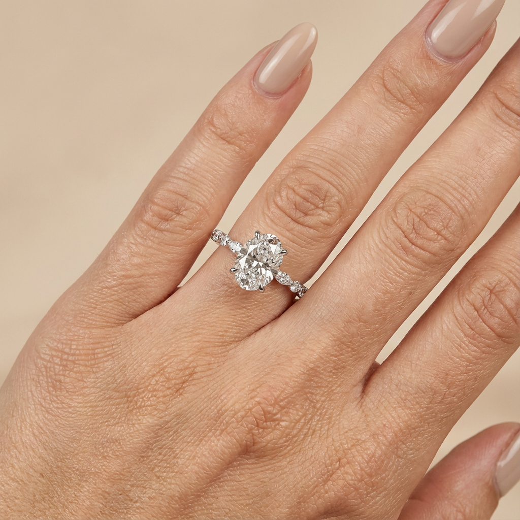 Elena - In Stock - Oval Solitaire Lab Grown Diamond with Marquise Round Brilliant Band - 18K Yellow Gold