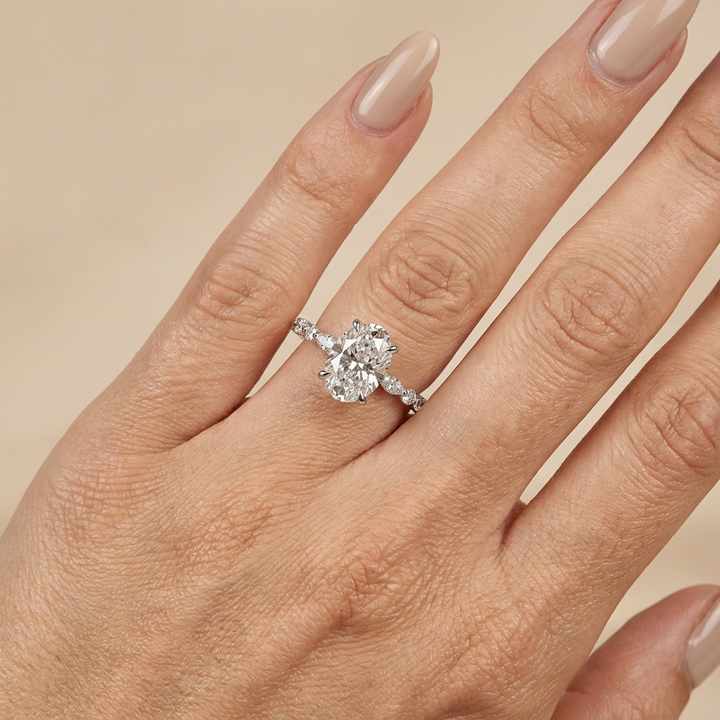 Elena - In Stock - Oval Solitaire Lab Grown Diamond with Marquise Round Brilliant Band - 18K Yellow Gold