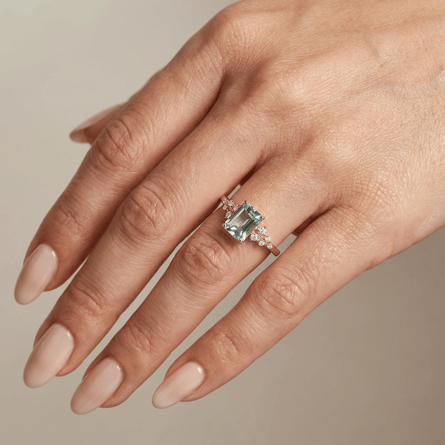 Bluish Green Spinel Radiant Lab Grown Diamond Ring Snowdrift