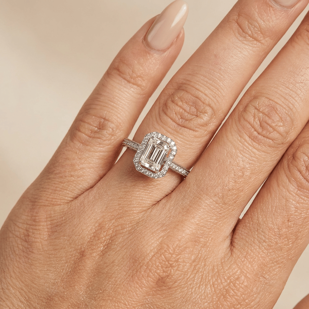 Emerald halo ring met 3 zijden pave gezette band 18k witgoud