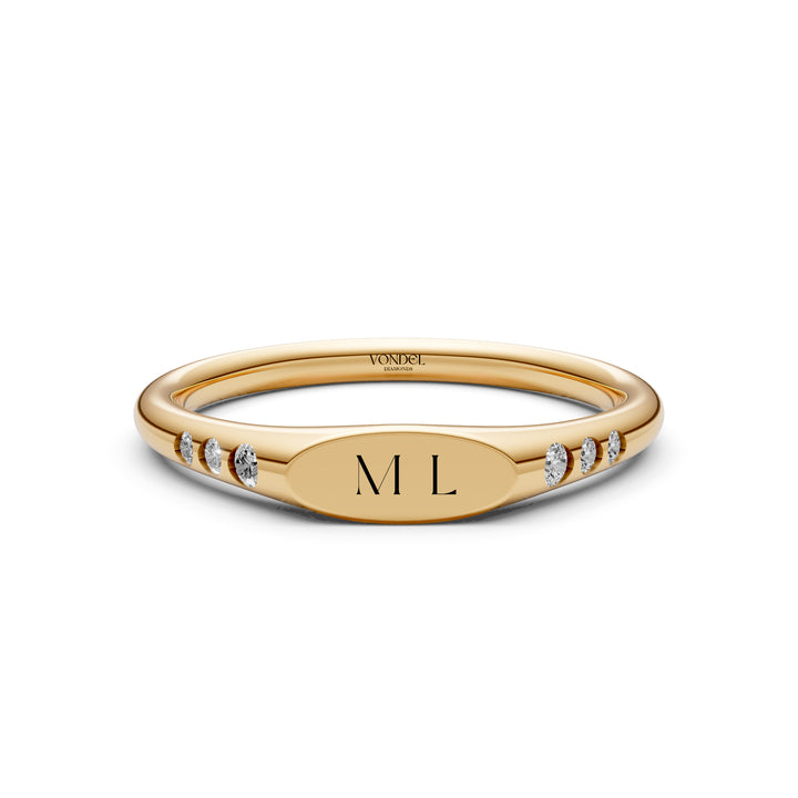 Zegelring met gravering naar keuze, 6 diamantjes - 18K Geelgoud - 0,08 ct