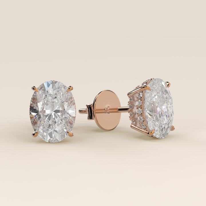 Ovale Ohrstecker mit im Labor gezüchteten Diamanten, doppeltem, verdecktem Halo und Korbfassung, Roségold